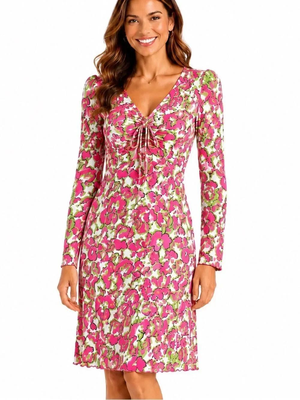 Diane Von Furstenberg Pink and Green Floral Long-Sleeve V-Neck Dress